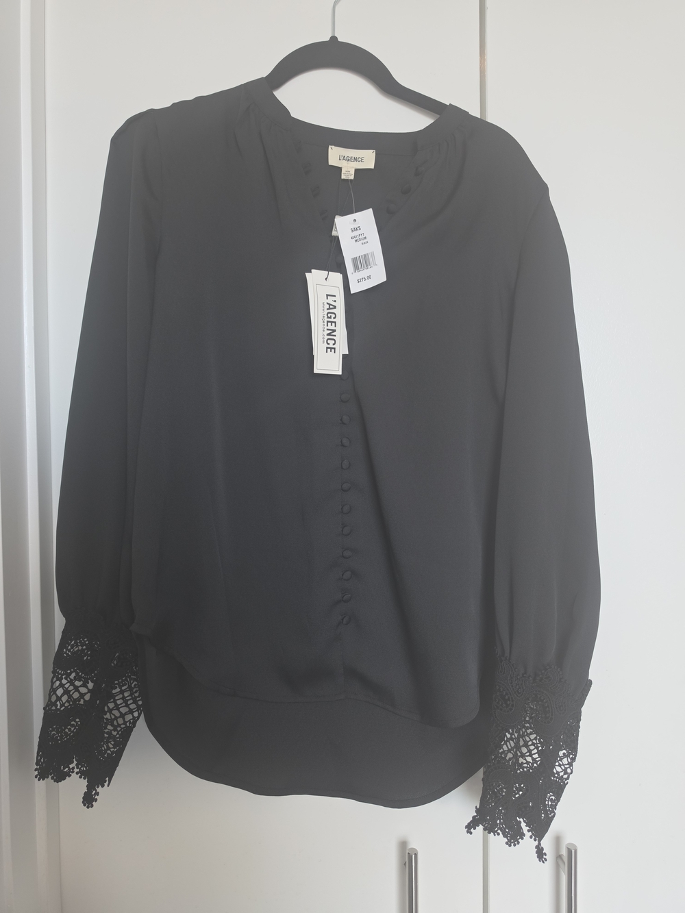 NWT L'AGENCE Black Button-Front Blouse with Lace Cuffs